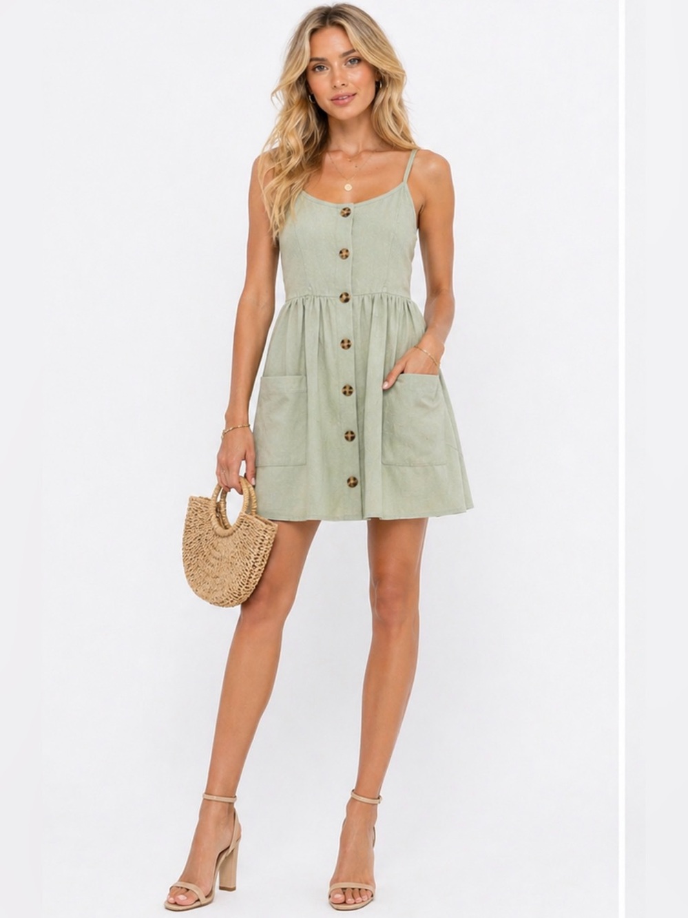 Zaful Sage Green Button-Front Mini Dress